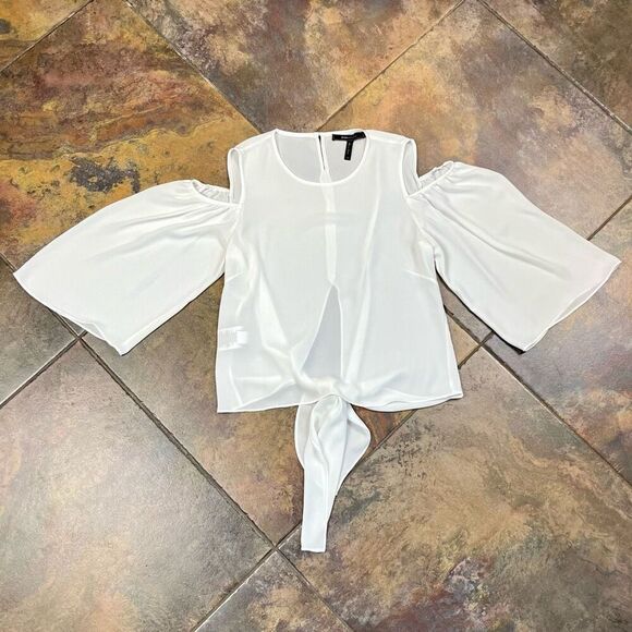 BCBG Maxazria Skipper White Tie Back Cold Shoulder Blouse XS - Picture 6 of 14